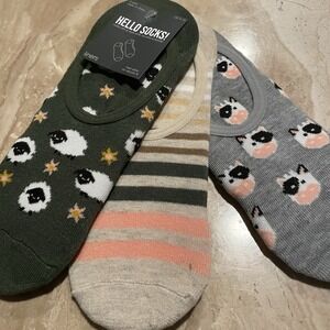 3 PAIRS! Women NO SHOW Liner Sock‎ Nonslip Heel ANIMALS stripe Sheep Cows stars